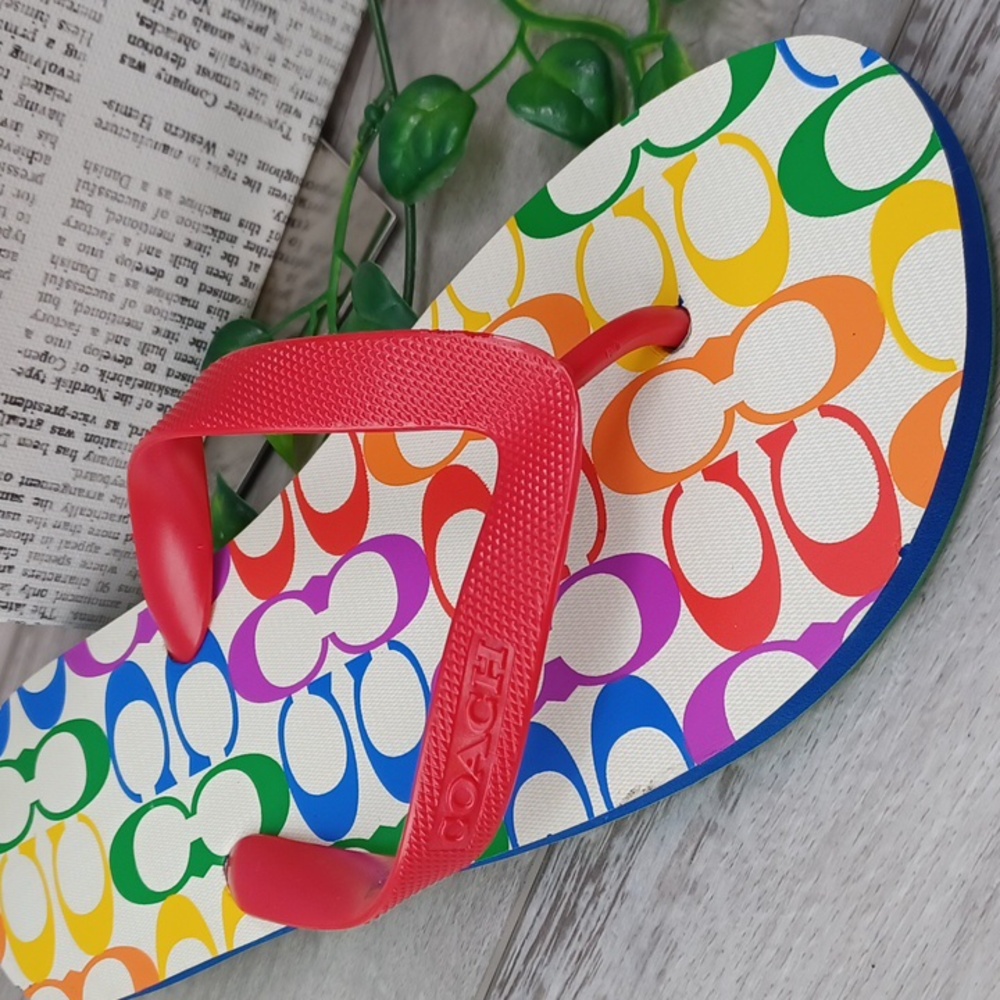 Coach Signature Rainbow Pride Flip Flops NWOT - Picture 2 of 8